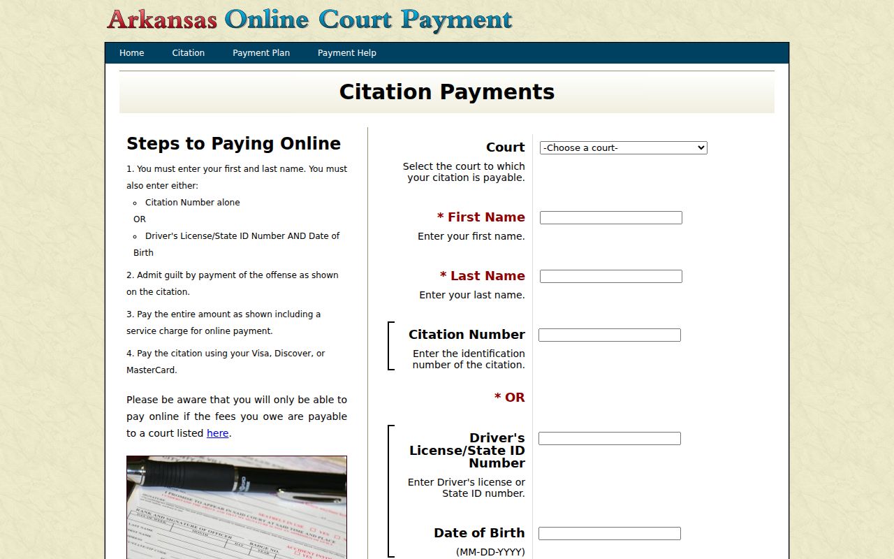 Arkansas Judiciary citation query fields for Boone County traffic cases