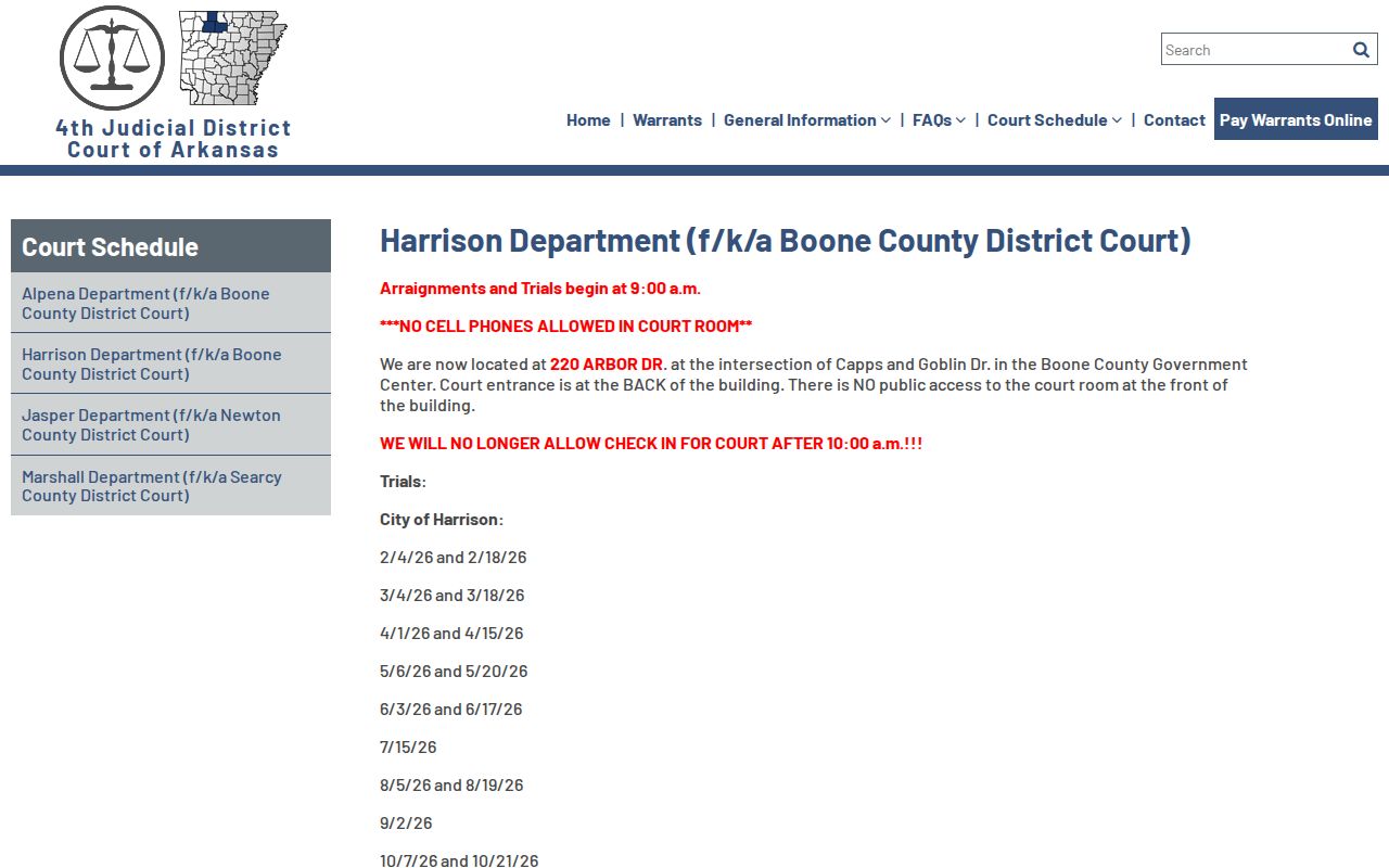 Harrison District Court schedule and public entrance instructions