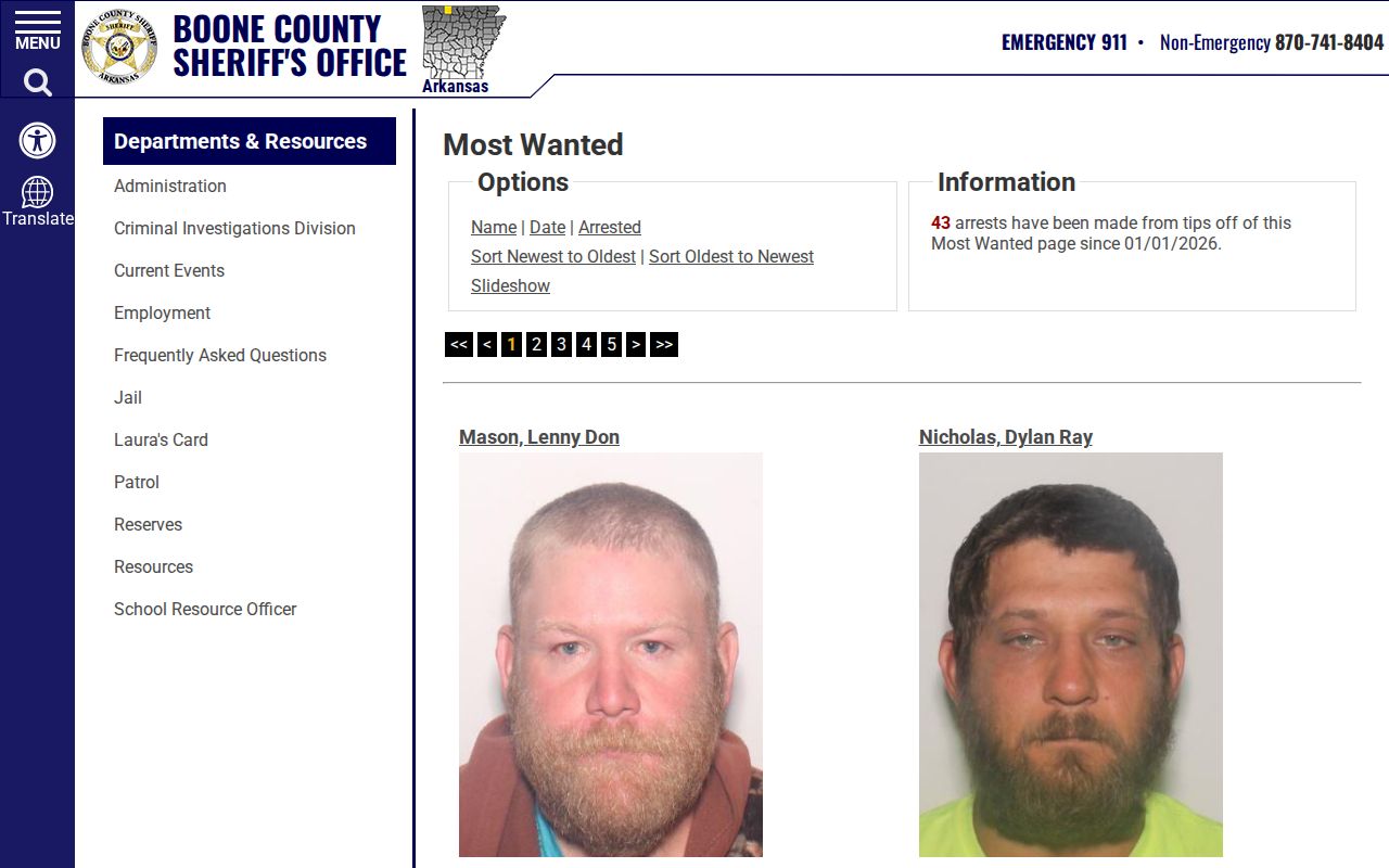 Boone County Sheriff Most Wanted interface controls and tip program area without individual profiles